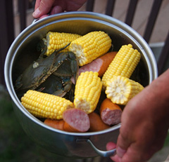 Crab, boudin, and corn ready to boil!